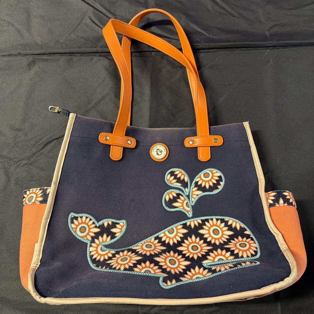 Tybee Beach Bag by Spartina 449 Canvas Blue Orange Embroidered Large Shoulder